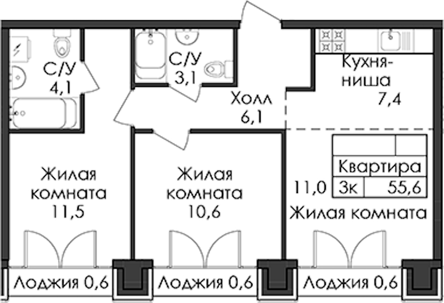 2-комнатная квартира 55.6 м², 8/9 эт., ЖК «Лермонтовский 54»